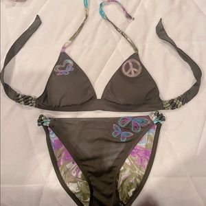 Lucky Brand braided strap, army green patterned bikini